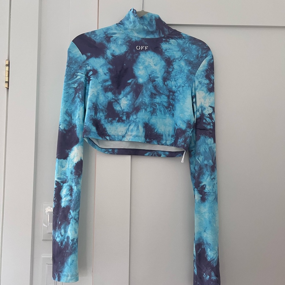 Off-White cropped tie dye blue mock turtleneck